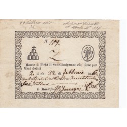 Monte di Pieta' di San Gimignano fede di credito da 336 Lire 1860